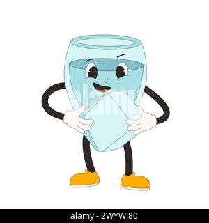 Mascottes de dessins animés rétro en verre d'eau. Buvez des personnages groovy de style d'animation de tuyau en caoutchouc tenant un glaçon dans les mains. L'illustration plate de vecteur de bien-être est Illustration de Vecteur