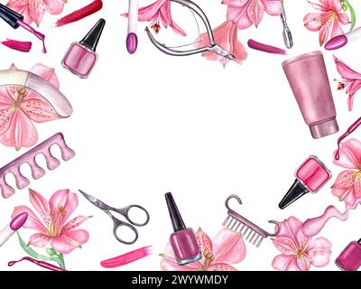 Outils de manucure, vernis à ongles, éclaboussures parmi les fleurs tropicales. Cadre carré avec espace de copie. Lime à ongles, crème, tampon à ongles, coupe-cuticules pour la beauté. Banque D'Images