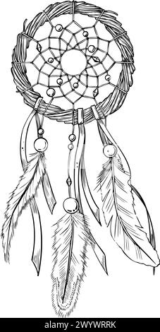 Illustration vectorielle Dreamcatcher. Dream Catcher ou Hunter peint à l'encre noire. Croquis dessiné à la main d'amulette de sommeil vintage avec des plumes. Dessin dans le style boho pour cartes de vœux et impressions. Illustration de Vecteur