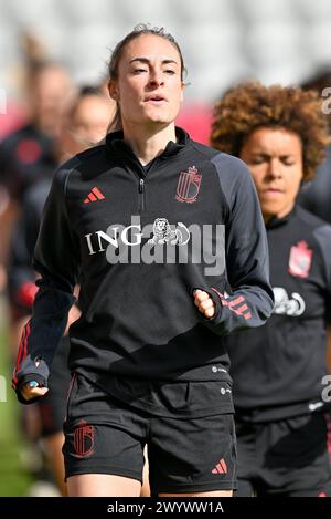 Viborg, Danemark. 08 avril 2024. Tessa Wullaert photographiée lors de la séance d'entraînement de la journée -1 avant un match entre les équipes nationales du Danemark et de Belgique, appelée les Red Flames lors de la deuxième journée du Groupe A2 dans la phase de championnat de la compétition des qualifications européennes féminines de l'UEFA 2023-24, le lundi 8 avril 2024 à Viborg, Danemark . Crédit : Sportpix/Alamy Live News Banque D'Images