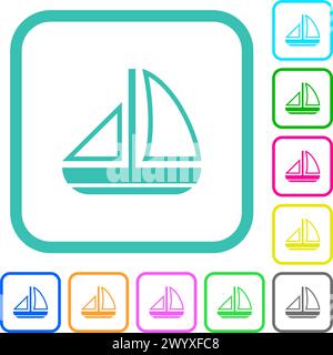 Contour de bateau à voile icônes plates colorées vives dans des bordures courbes sur fond blanc Illustration de Vecteur