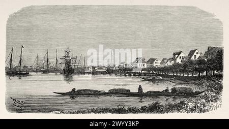 La ville et le port de Paramaribo et le fleuve Suriname, Suriname, Amérique du Sud. Dessin d'Edouard Riou (1833 - 1900) de Cayenne aux Andes (1878-1879) de Jules Crevaux (1847 - 1882) le Tour du monde 1880 Banque D'Images