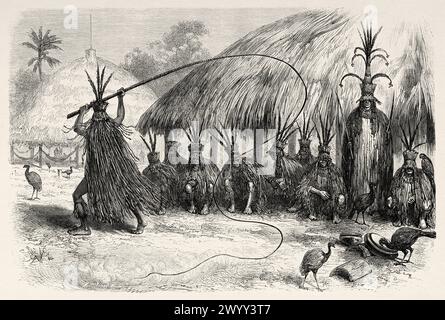 Danse du Pono. Danse fouet par laquelle le peuple Wayana danse à l'imitation de Tamok, Guyane française, Amérique du Sud. Dessin d'Edouard Riou (1833 - 1900) de Cayenne aux Andes (1878-1879) de Jules Crevaux (1847 - 1882) le Tour du monde 1880 Banque D'Images