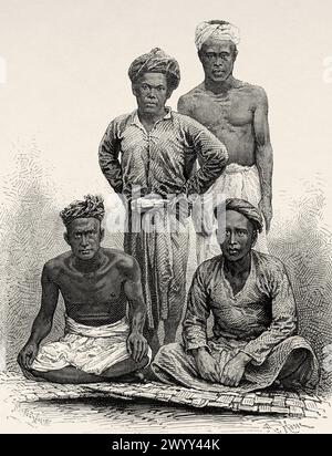 Portrait d'hommes autochtones de Moeara Menkoelem, district de Rawa, île de Sumatra. Indonésie. Dessin d'Ivan Pranishnikoff (1841 - 1909). À travers l'île de Sumatra 1877 par Daniel David Veth (1850 - 1885) le Tour du monde 1880 Banque D'Images