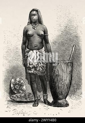 Vieux portrait de la reine douairière du défunt roi Abd el Kader, Tchad. Afrique centrale. Dessin d'Ivan Pranishnikoff (1841 - 1909) voyage de Borno à Baguirmi 1872 par Dr Gustav Hermann Nachtigal (1834 - 1885) le Tour du monde 1880 Banque D'Images