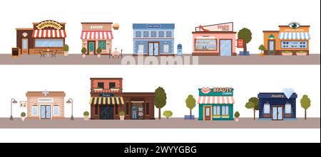 Paysages urbains avec des bâtiments urbains plats sur la route. Illustration de Vecteur