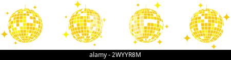 Ensemble d'icônes discoball dorées. Golden disco party mirrorballs dans le style rétro discothèque des années 70 des années 80 des années 90. Globes de boîte de nuit brillants. Vie nocturne Illustration de Vecteur