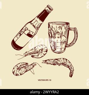 Bière, bouteille, gobelet en verre avec poignée, crevettes. Illustration vectorielle dans le style graphique. Conception de menus, cartes de vin et de bière, étiquettes, bannières, dépliants. Illustration de Vecteur