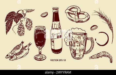 Bière, bouteille, verre, houblon, crevettes, poisson, bretzel, blé. Illustration vectorielle dessinée à la main dans un style graphique. Conception de menus, cartes de vin et de bière, la Illustration de Vecteur