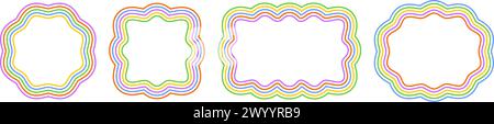 Ensemble de cadres ronds, carrés, rectangulaires et ovales avec des bords mobiles. Formes colorées avec des bordures ondulées. Images ou cadres photo, zones de texte vides, balises ou éléments d'étiquettes. Illustration graphique vectorielle. Illustration de Vecteur