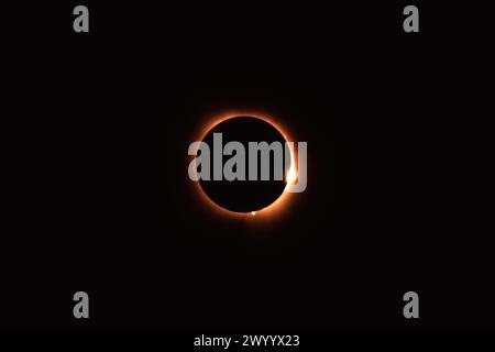 Plano, États-Unis. 8 avril 2024. Une éclipse solaire totale est photographiée à Plano, Texas, États-Unis, le 8 avril 2024. Une éclipse solaire totale balayait l'Amérique du Nord lundi, alors que les résidents et les visiteurs se rassemblaient à différents endroits sur le chemin de l'éclipse pour regarder et encourager. L'éclipse solaire totale -- surnommée la Grande éclipse américaine pour son long chemin au-dessus de l'Amérique du Nord -- était visible dans le ciel au-dessus de certaines parties du Mexique, de 15 états américains et de l'est du Canada. Crédit : Dan Tian/Xinhua/Alamy Live News Banque D'Images