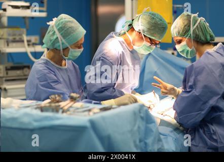 Chirurgie de hernie abdominale, chirurgien, chirurgie générale d'urgence, salle d'opération, Hôpital Donostia, Saint-Sébastien, Donostia, Gipuzkoa, pays Basque, Espagne. Banque D'Images