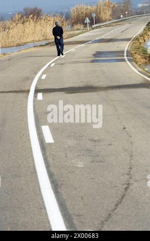 Inondations de l'Èbre. Fév 2003. Pina de Ebro, province de Saragosse. Espagne. Banque D'Images