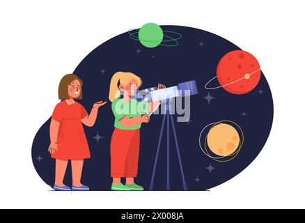 Filles avec le concept de vecteur de télescope Illustration de Vecteur