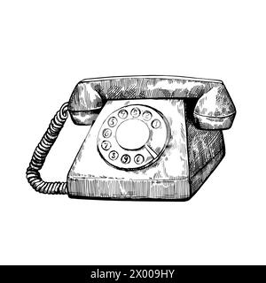 Téléphone rétro dans le style de gravure vintage. Illustration vectorielle dessinée à la main isolée sur fond blanc Illustration de Vecteur