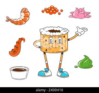 Dessin animé drôle groovy personnage de rouleau japonais avec des crevettes, poulpe, sauce soja, caviar, gingembre et ingrédients wasabi. Vecteur funky rouleau jaune avec visage heureux. Mignon personnage de nourriture japonaise agitant la main Illustration de Vecteur