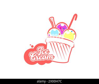 Cuillères de dessert de gelato dans la tasse pour l'icône de café de crème glacée ou gelateria italienne, emblème vectoriel. Vanille sucrée, fruit ou chocolat trois boules de sundae avec biscuit pour l'icône de ligne de dessert de crème glacée gelato Illustration de Vecteur