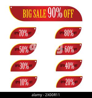 90% 80% 70% 60% 50% 40% 30% 20% 10% vente, disque, Off sur étiquette rouge joyeuse pour l'illustration vectorielle de conception d'élément de vente au détail Marketing Illustration de Vecteur