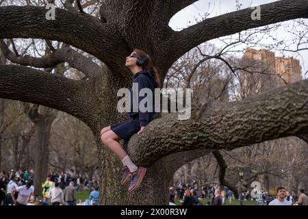 New York, États-Unis. 08 avril 2024. Une fille regarde l'éclipse d'un arbre. Les New-Yorkais se sont rassemblés à Central Park pour voir l'éclipse solaire. Le soleil a été éclipsé par la lune de 90%, juste timide de la totalité. La dernière éclipse solaire à New York a eu lieu en 2017 atteignant 70%. La prochaine éclipse solaire pour la ville sera en 2045 à seulement 50%. Les New-Yorkais devront attendre jusqu'en mai 2079 pour la totalité. (Photo de Syndi Pilar/SOPA images/SIPA USA) crédit : SIPA USA/Alamy Live News Banque D'Images