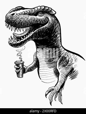 Tyrannosaurus Rex buvant une tasse de café. Illustration noire et blanche dessinée à la main de style rétro Banque D'Images