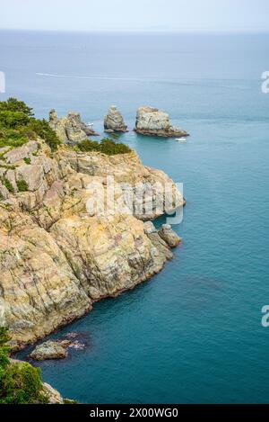 Belle vue aérienne de falaise et océan bleu, île Oedo-Botania, Geoje, Corée du Sud. Banque D'Images