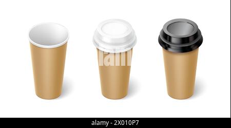 Gobelets en papier Mockup avec couvercles 3d ensemble d'illustration vectorielle réaliste. Modèle de conception de tasses à thé et à café. Emportez des boissons sur fond blanc Illustration de Vecteur