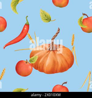 Modèle sans couture de citrouilles, pommes, feuilles, piment et épillets. Illustration à l'aquarelle. Récolte d'automne. Délicieux légume mûr. Végétarien cru Banque D'Images