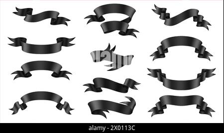 Ruban de soie noir éblouissant ensemble d'illustration vectorielle réaliste. Éléments de conception décoratifs de luxe modèles 3D sur fond blanc. Art des fêtes Illustration de Vecteur