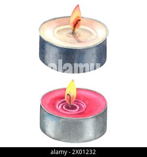 Mini-taille bougies de cire de paraffine blanche et rose avec une base en aluminium, mèche de coton avec lueur douce de la bougie. Aquarelle dessinée à la main Banque D'Images