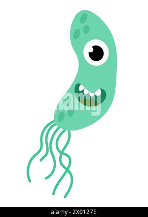 Bactéries de caractère vert de dessin animé mignon, microbe, germe. Organisme de microbiologie. Mascotte exprimant l'émotion. Illustration d'enfants vectoriels dans la conception plate. Illustration de Vecteur
