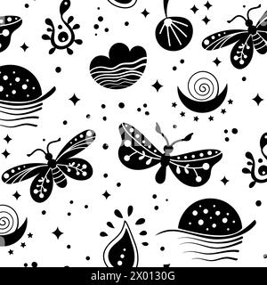 Modèle vectoriel d'art folklorique sans couture avec papillon, papillon de nuit et fleurs, design floral noir et blanc. Fond sans fin de style folklorique Neo parfait pour Illustration de Vecteur