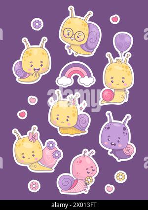 Sticker collection drôle de personnage d'escargot. Insecte kawaii comique avec fleur, ballon et arc-en-ciel, mollusque vieil homme grand-père avec des lunettes dans le rétro Illustration de Vecteur