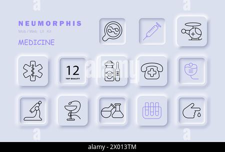 Ensemble d'équipement médical icône verre, serpent, gobelet, téléphone, croix, appeler une ambulance, microscope, loupe, flacon, conteneur, compte-gouttes, santé Illustration de Vecteur