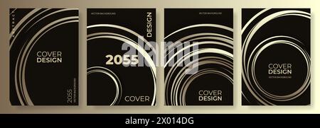 Vecteur de fond de couverture verticale abstraite noir et or avec des cercles dorés et des lignes circulaires. Collection d'affiches géométriques modernes. Luxe Illustration de Vecteur