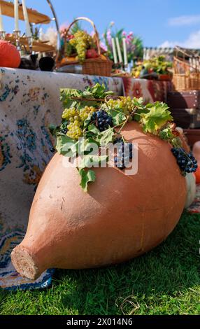 Géorgien traditionnel cruches décoratives pour le vin qvevri ou kvevri avec des raisins en journée ensoleillée. Photo de haute qualité Banque D'Images