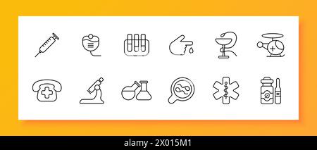 Ensemble d'équipement médical icône verre, serpent, gobelet, téléphone, croix, appeler une ambulance, microscope, loupe, flacon, conteneur, compte-gouttes, santé Illustration de Vecteur