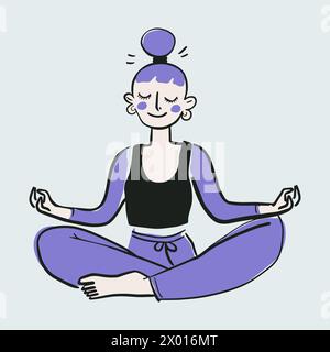 Femme yoga dans la position lotus, ses yeux fermés et une expression sereine se trouve les jambes croisées dans la méditation. Illustration de Vecteur