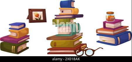 Piles de livres isolées sur fond blanc. Illustration vectorielle de dessins animés de piles de littérature, conte de fées, roman, encyclopédie, collection de manuels, a Illustration de Vecteur