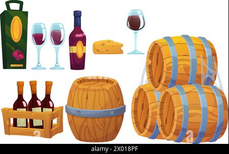 Stockage et boisson du vin. Ensemble d'illustration vectorielle de dessin animé d'éléments de boisson d'alcool de raisin - fûts de chêne en bois vieilli et boîte, bouteilles et verres avec Illustration de Vecteur