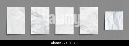 Feuilles de papier de cahier ensemble isolé sur fond transparent. Illustration réaliste vectorielle de pièces blanches blanches à carreaux et doublées avec WR froissé Illustration de Vecteur