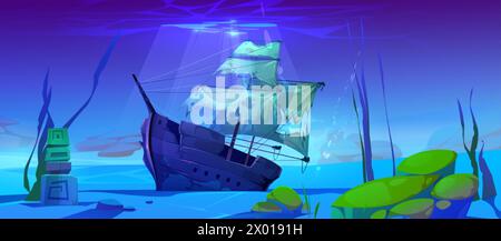 Naufrage nautique coulé sur sable de fond de mer avec des pierres moussues et des algues vertes. Illustration vectorielle de dessin animé de naufrage cassé posé sur le plancher marin Illustration de Vecteur
