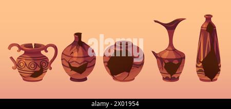 Produits de poterie antique cassés et fissurés décorés de motifs grecs traditionnels. Ensemble d'illustration vectorielle de dessin animé d'artefact de musée de Crashed A. Illustration de Vecteur