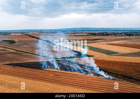 Le brûlage de chaume de champ de blé après la récolte des grains est l'une des principales causes de la pollution de l'air, tir aérien du drone pov, vue à grand angle Banque D'Images