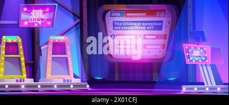 Quiz montrer la scène de jeu dans le studio de télévision pour le concours. Programme de concours télévisé pour le test de connaissances et de talent sur la chaîne. Puzzle réponse à l'écran. Intérieur de tournoi au néon pour l'événement de divertissement en direct Illustration de Vecteur
