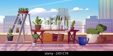 Jardin végétal sur le vecteur de dessin animé de balcon de maison urbaine. Véranda de maison ou toit avec pot de fleurs sur l'étagère. Extérieur patio extérieur pour serre et germes de culture hobby. Joli appartement moderne vue sur le porche Illustration de Vecteur