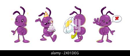 Vecteur isolé de personnage de fourmi de dessin animé. Clipart d'insectes mignon et drôle. Insecte violet tenant le gâteau, célébrer l'anniversaire et sourire. Mascotte de termites enfantines marchant avec une fleur de camomille et montrant un geste d'arrêt Illustration de Vecteur