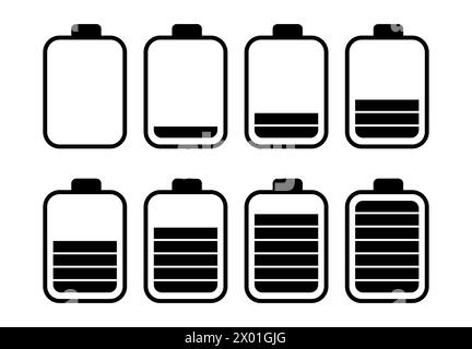 Un jeu de huit batteries avec différents indicateurs de charge. Illustration vectorielle Illustration de Vecteur