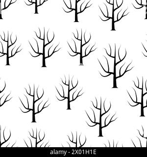 Arbres incurvés noirs et blancs sans arrière-plan de feuilles. Texture sans couture de forêt vectorielle. Illustration de Vecteur