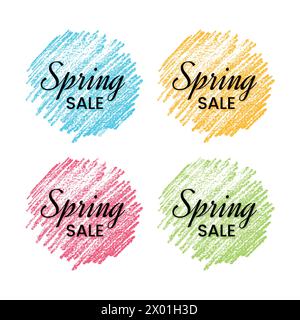 Ensemble de quatre bannières de vente de printemps sur le frottis coloré de Scribble. Crayon dessiné à la main. Illustration vectorielle. Illustration de Vecteur