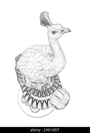 Paon décoratif. Coloriage anti-stress adulte. Doodle noir et blanc dessiné à la main pour livre de coloriage. Vecteur noir et blanc floral Peacock illust Illustration de Vecteur